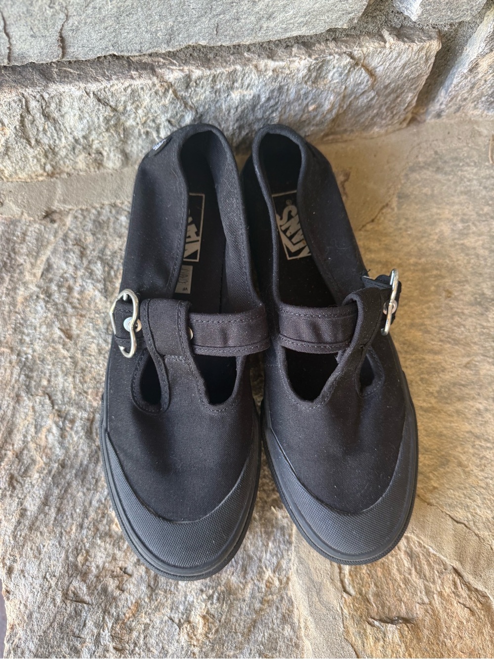 Vans Black Mary Jane Flats with Silver Heart Buckle - Picture 2 of 5